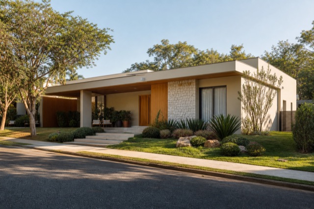 Casa contemporânea térrea com paisagismo natural